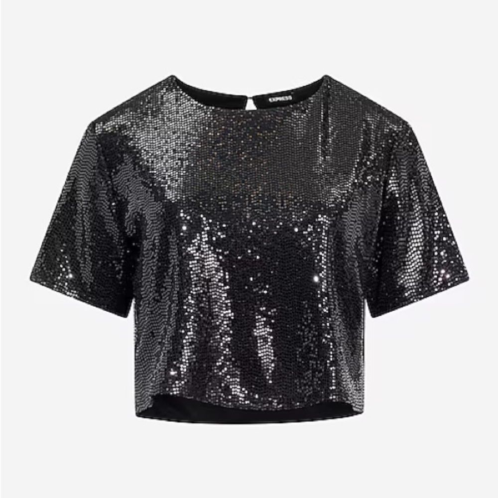 Express Black Sequin Crew Neck Cropped Boyfriend Tee